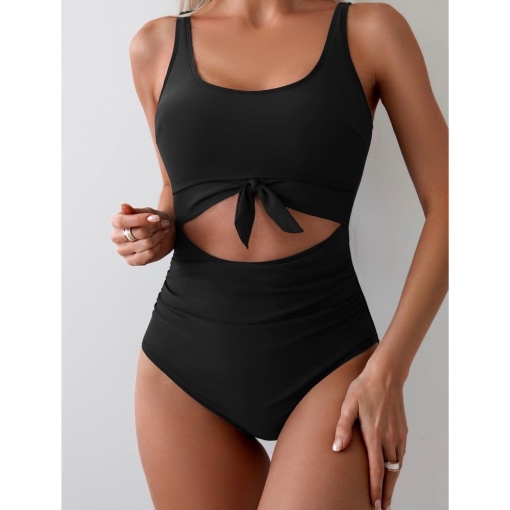 NWT Eomenie Black Tie-Front Cutout Tummy Control One-Piece Swimsuit Size S